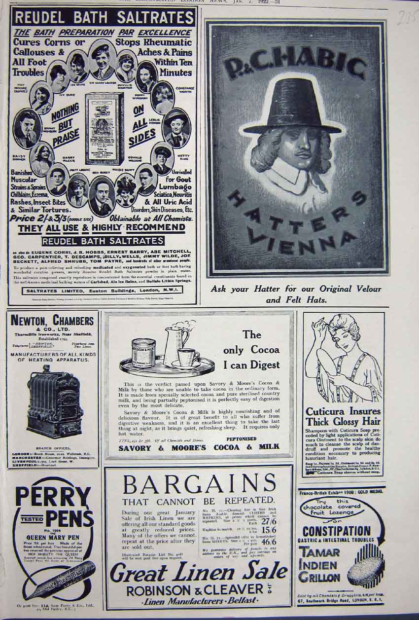 Old Vintage Print Advertisement 1922 Reudel Bath Linen Cuticura Heating 20th