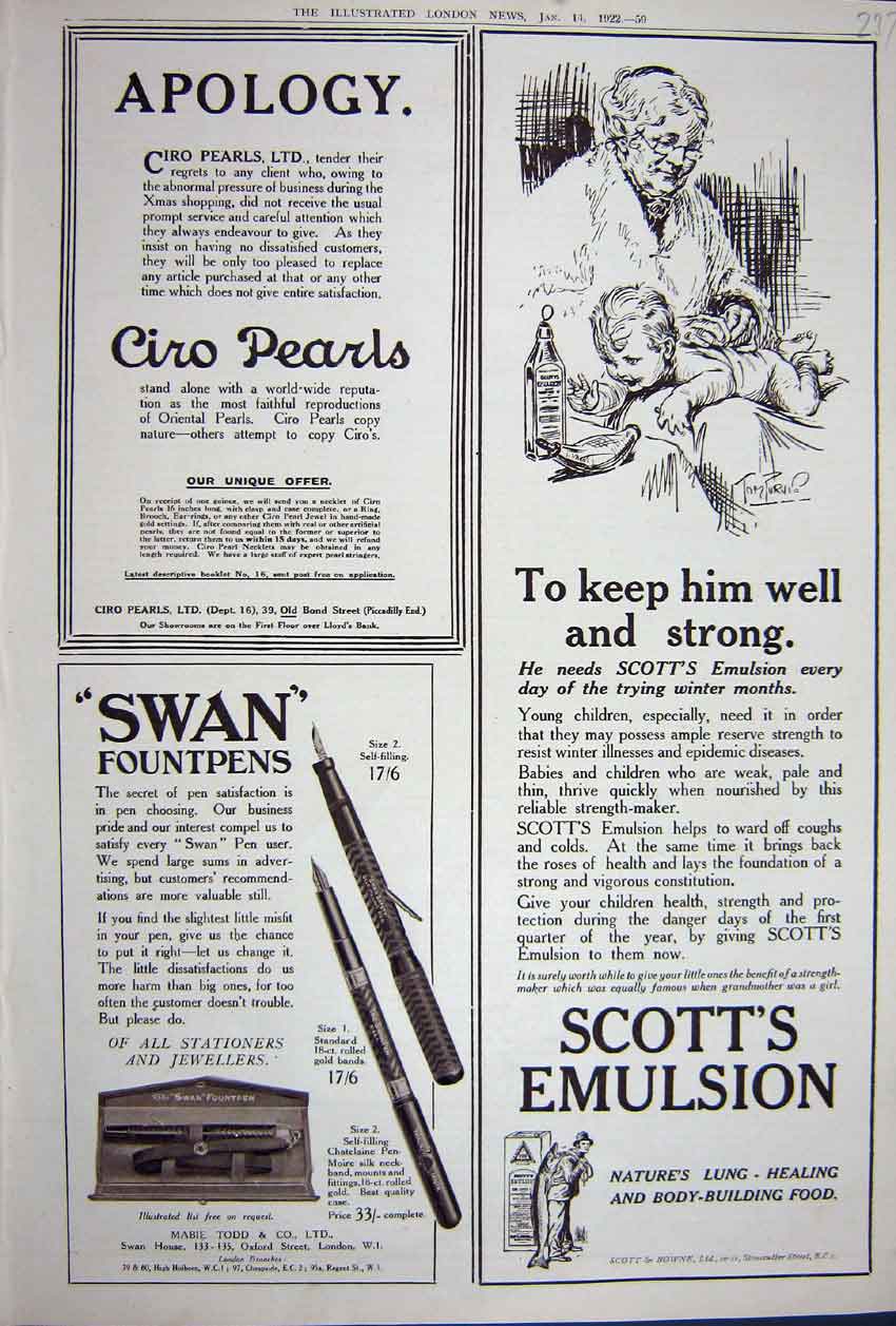 Old Vintage Print Advertisement 1922 Ciro Pearls Swan Fountpens Emulsion 20th