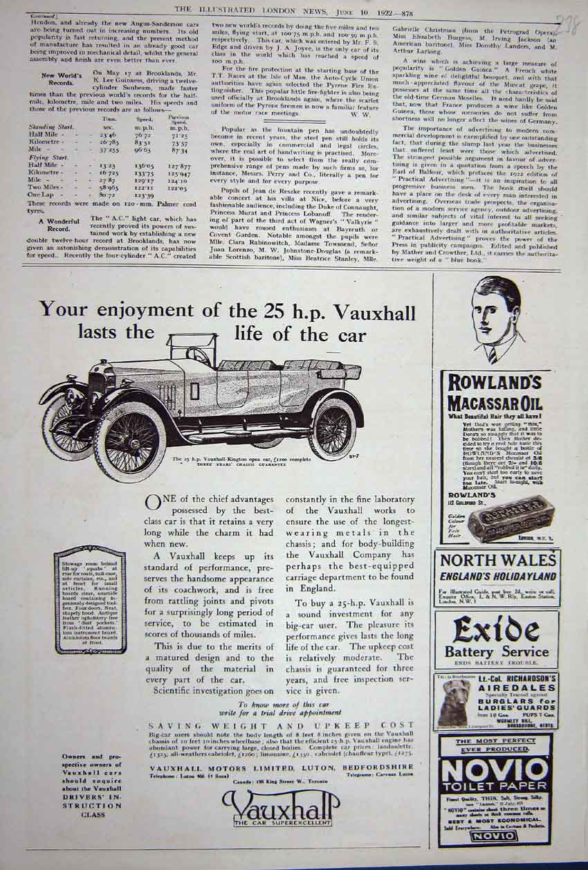 Original Old Vintage Print Vauxhall Car Novio Macassar Oil Advertisement 1922