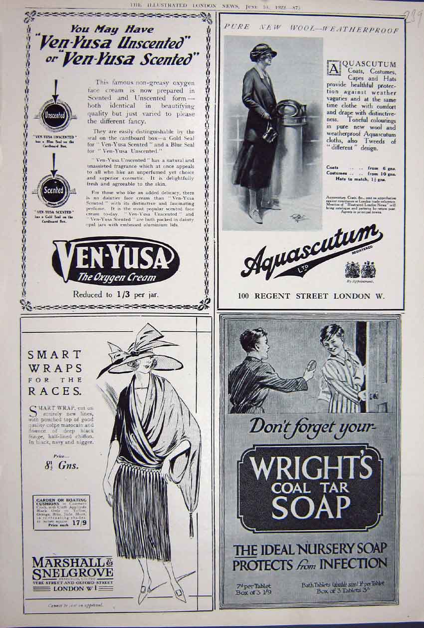 Old Vintage Print Advertisement 1922 Wright'S Soap Aquascutum Snelgrove 20th