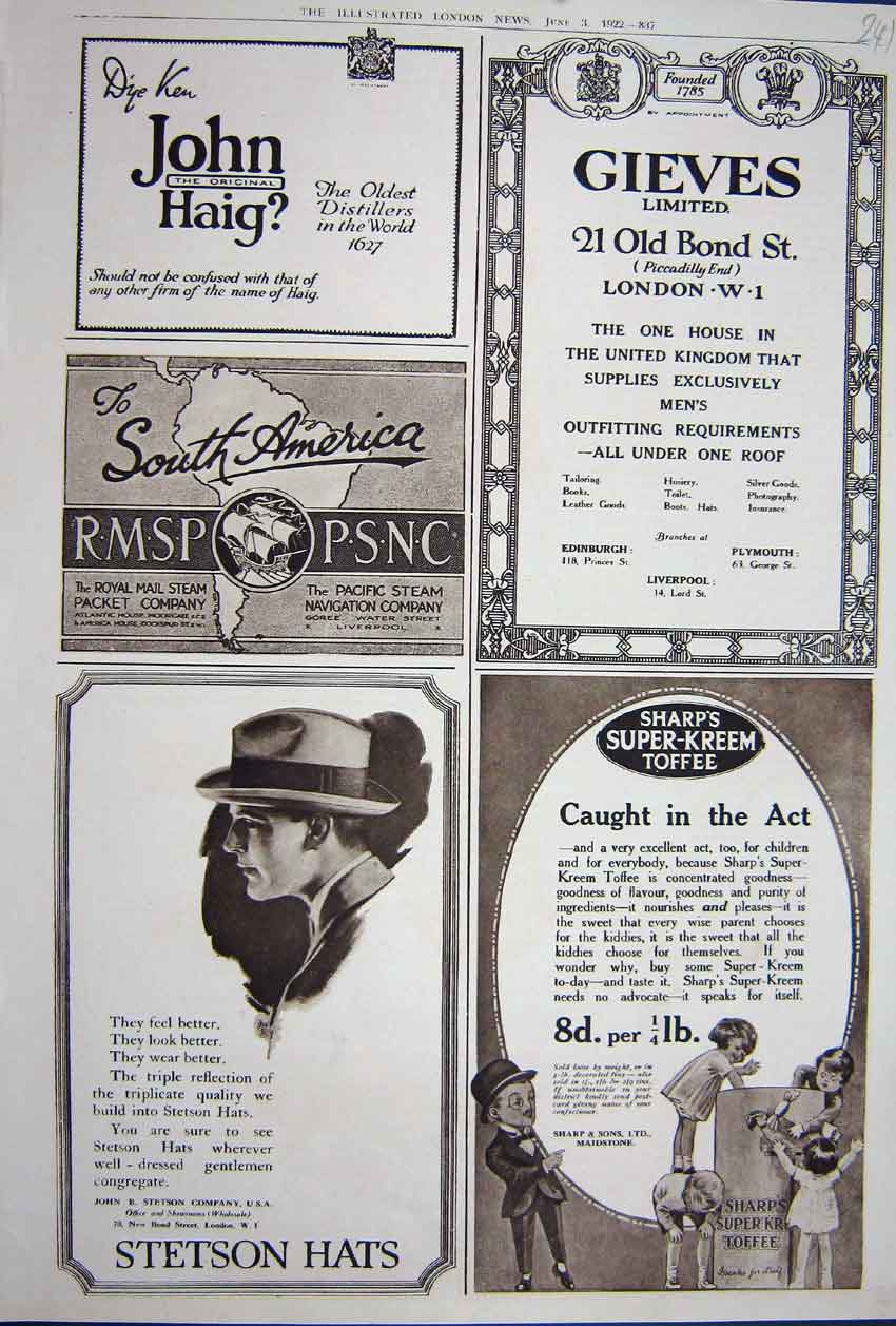 Old Vintage Print Advertisement 1922 Haig Distiller Gieves Stetson Toffee 20th