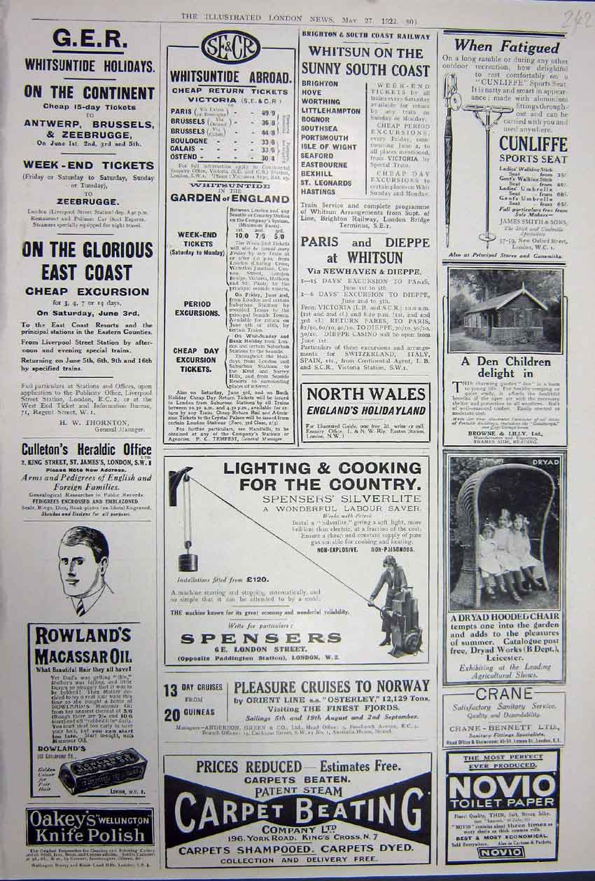 Old Vintage Print Advertisement1922 G.E.R Cunliffe Novio Spensers Railway 20th