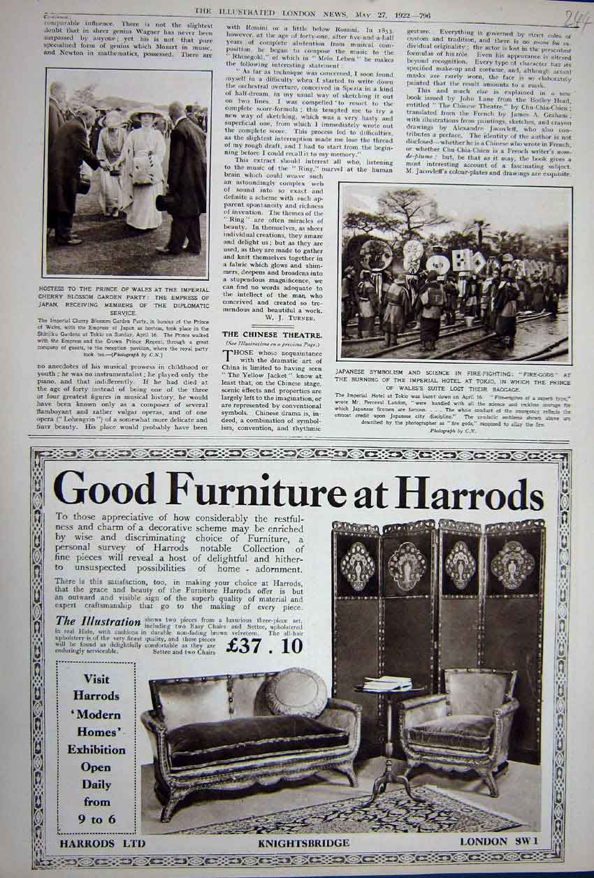 Original Old Vintage Print Advertisement 1922 Harrods Furniture Knightsbridge