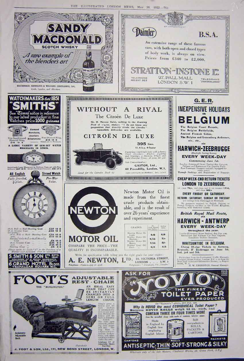 Original Old Vintage Print Advertisement 1922 Whisky Nvoio Daimler Watchmaker