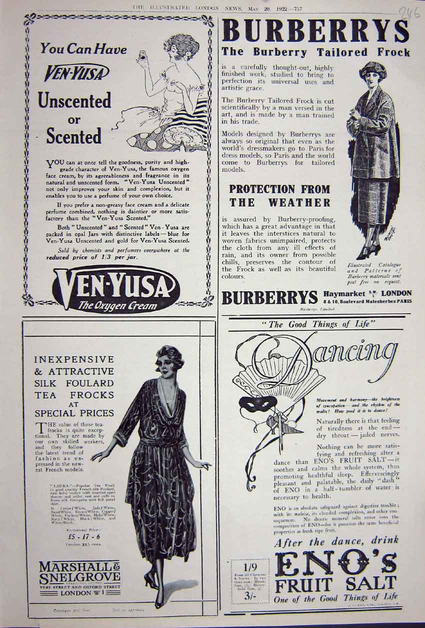 Old Vintage Print Advertisement 1922 Eno'S Salt Burberry Ven-Yusa Cream 20th