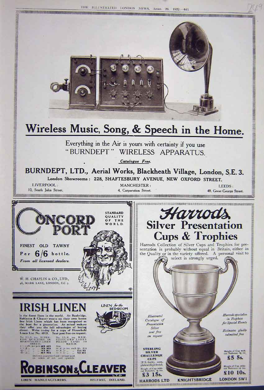 Original Old Vintage Print Advertisement 1922 Harrods Silver Robinson Burndept