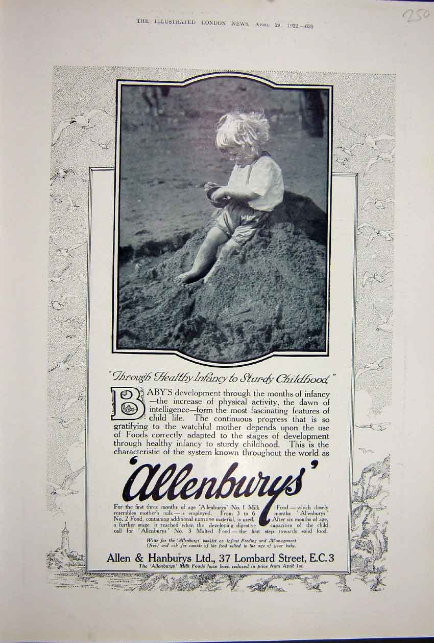 Old Vintage Print Allenbury'S Baby Food Advertisement 1922 Allen Hanbury 20th