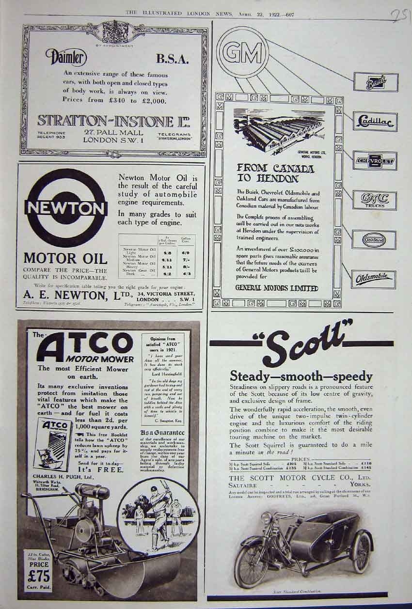 Original Old Vintage Print Advertisement 1922 Atco Mower Newton Motor Oil Cycle