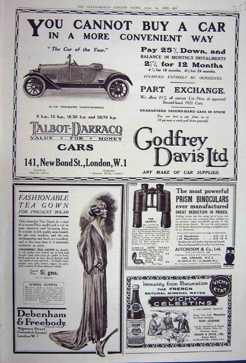 Original Old Vintage Print Advertisement 1922 Debenham Vichy Talbot-Darraco Car