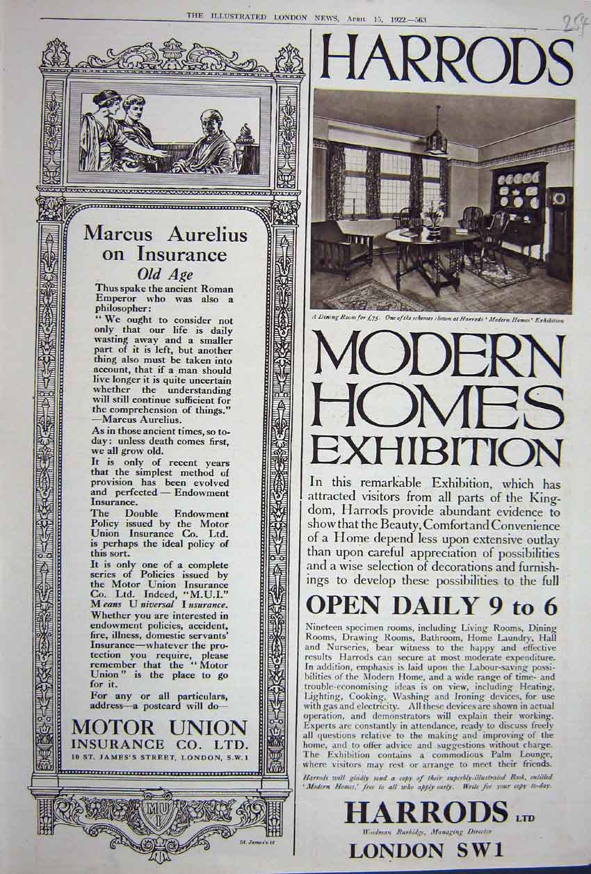 Original Old Vintage Print Advertisement 1922 Harrods Marcus Motor Insurance