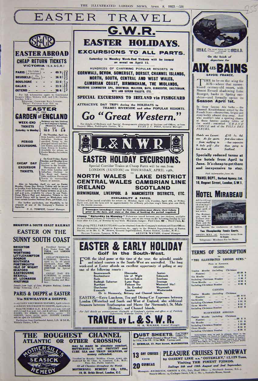 Original Old Vintage Print Advertisement 1922 Mothersill Holidays G.W.R France