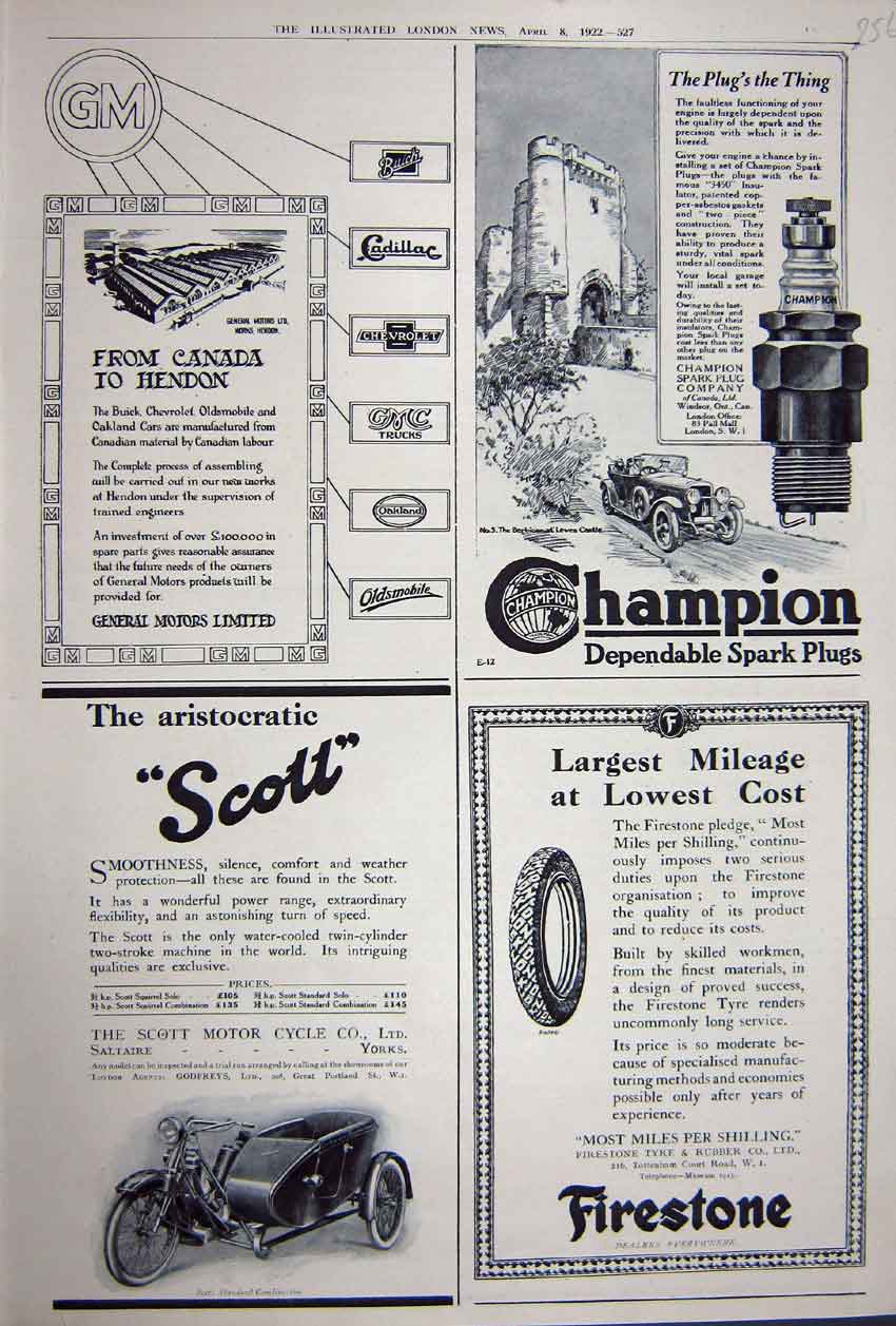 Original Old Vintage Print Advertisement 1922 Frestone Tyres Champion Gm Motors