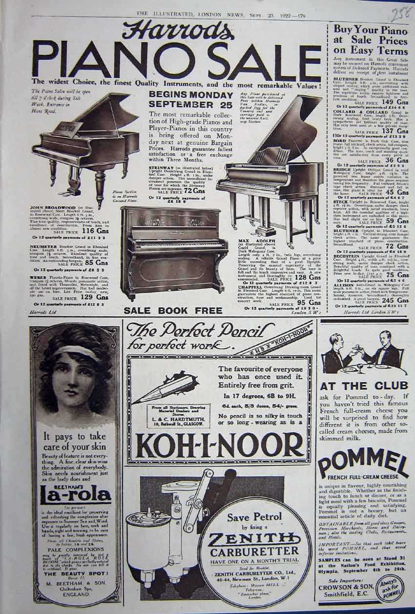 Old Vintage Print Advertisement 1922 Harrods Piano Pommel Pencil Zenith 20th