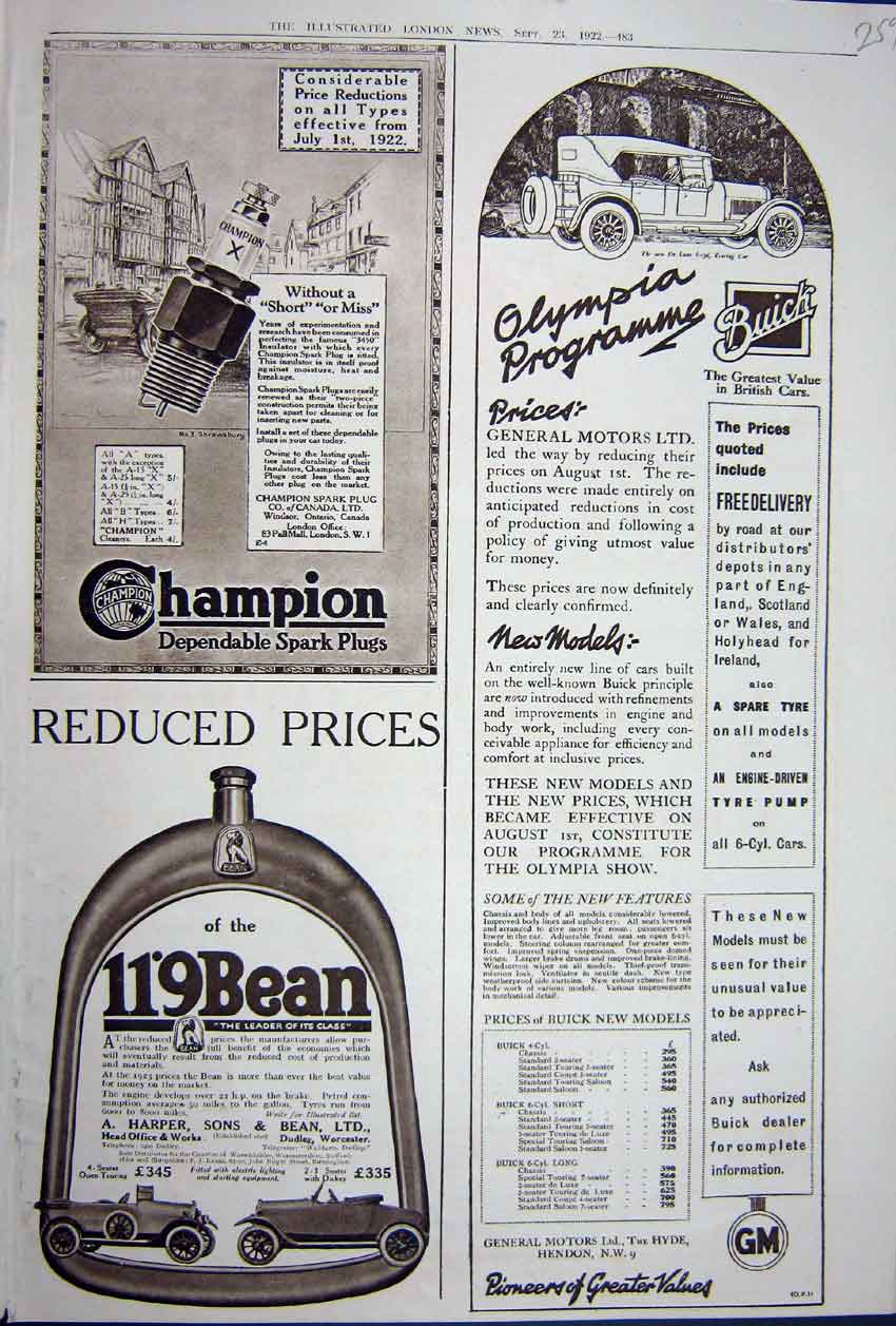 Old Vintage Print Advertisement 1922 Champion Spark Plug Buick Bean Cars 20th
