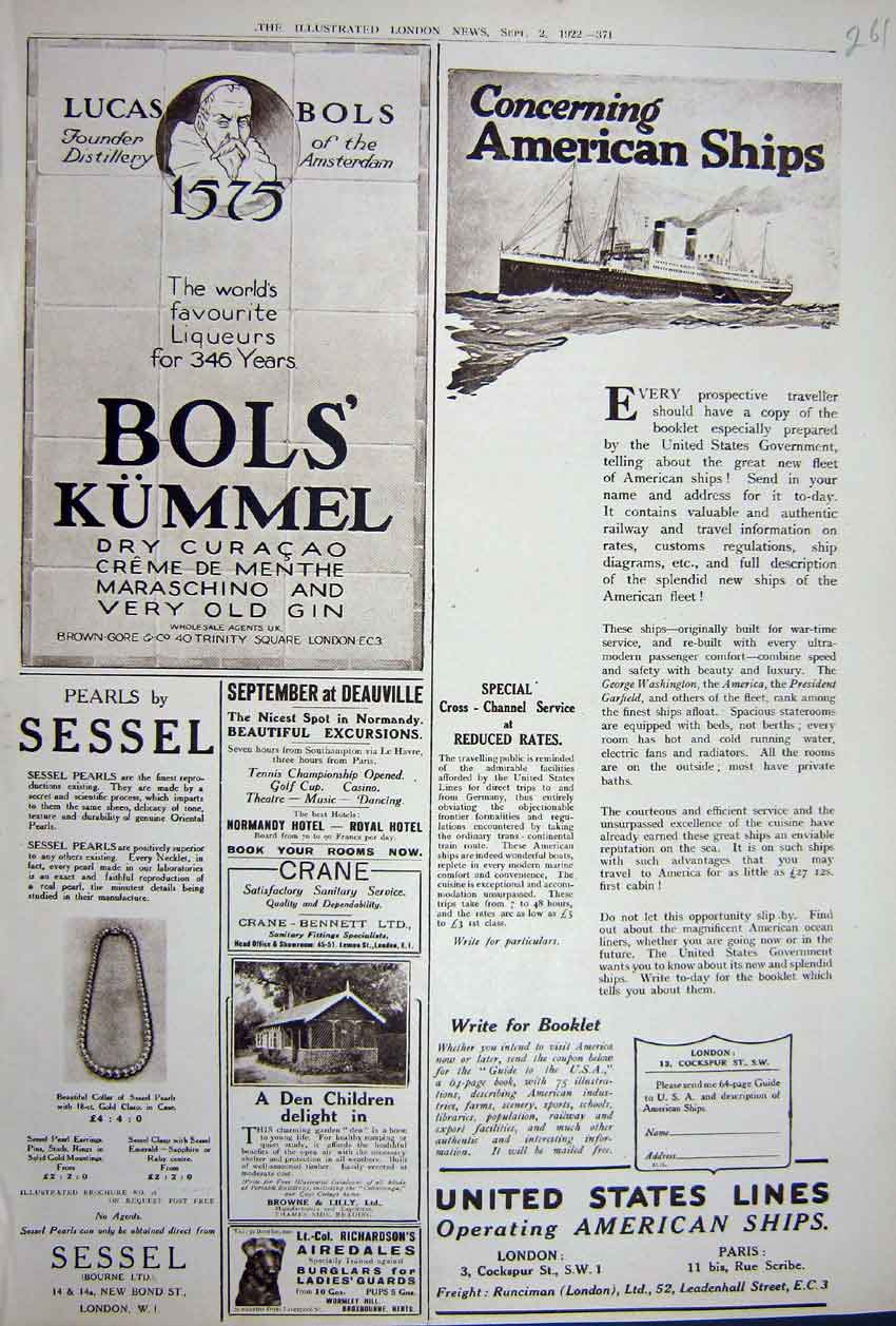 Old Vintage Print Advertisement 1922 American Ship Bols Gin Sessel Pearls 20th