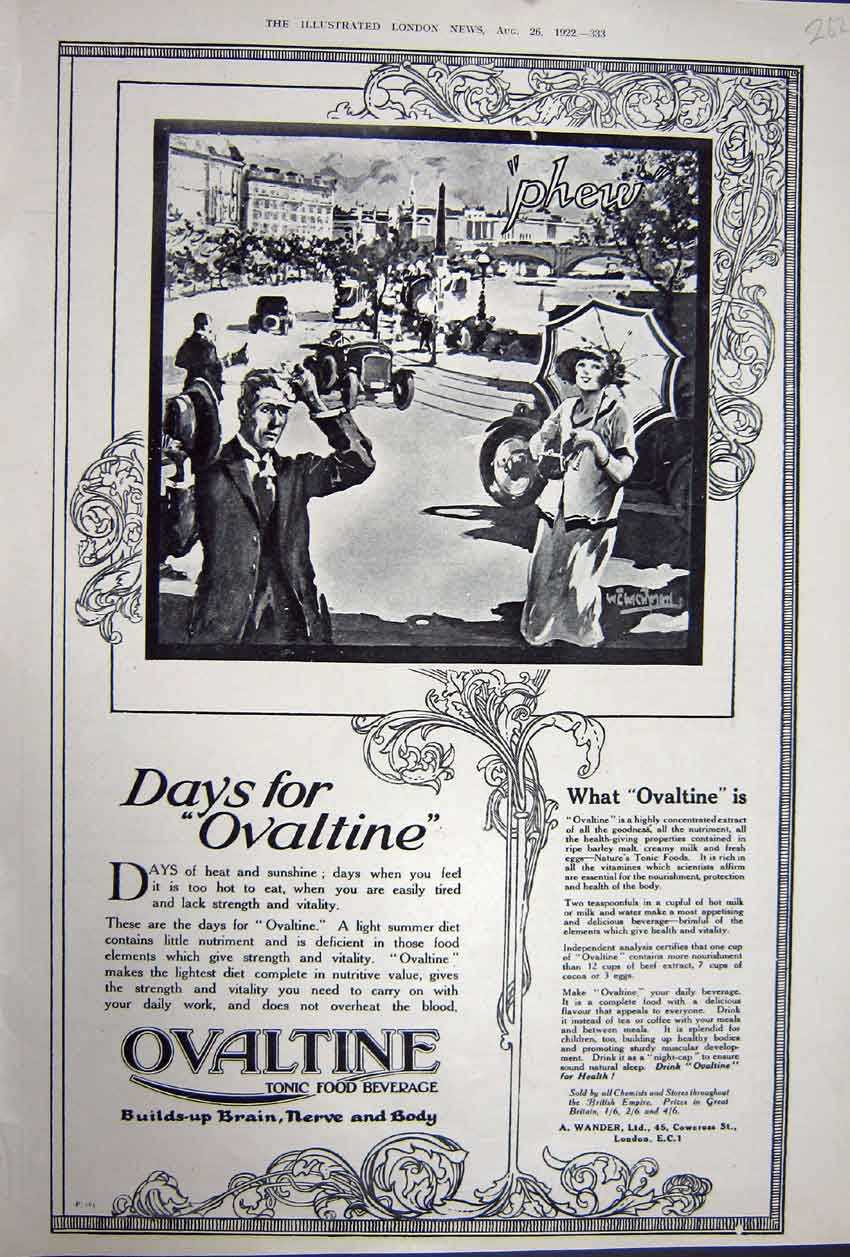 Old Vintage Print Advertisement 1922 Ovaltine Tonic Food Beverage London 20th