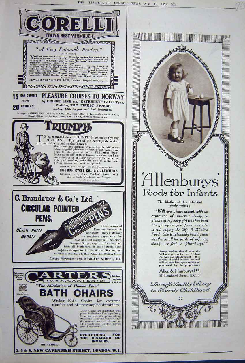Old Vintage Print Advertisement 1922 Allenbury Corelli Triumph Bath Chair 20th