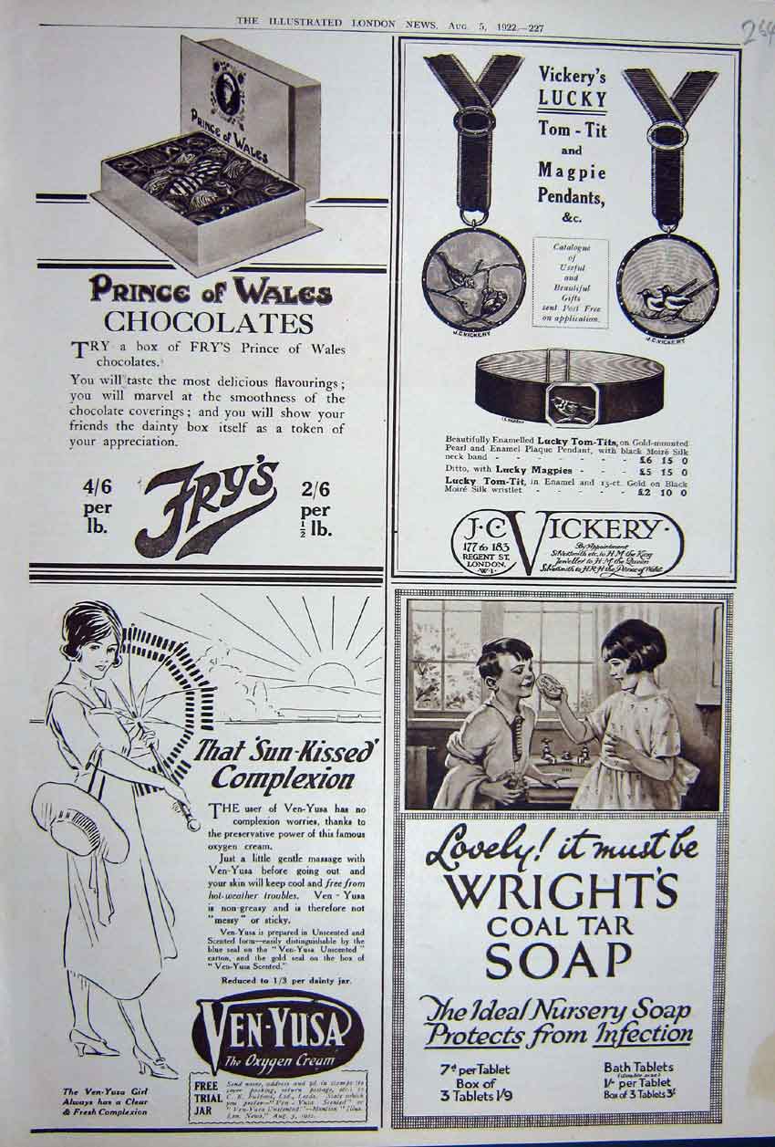 Old Vintage Print Advertisement 1922 Fry'S Chocolate Wrights Soap Vickery 20th