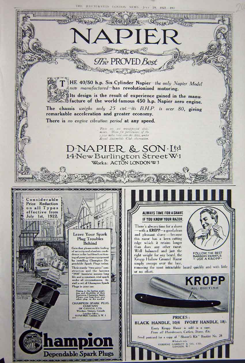Original Old Vintage Print Advertisement 1922 Napier Kropp Razors Champion Plug