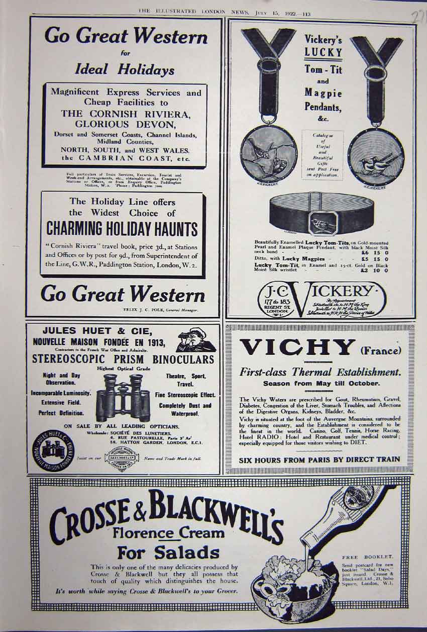 Old Vintage Print Advertisement 1922 Crosse Blackwell Binoculars Vickery 20th