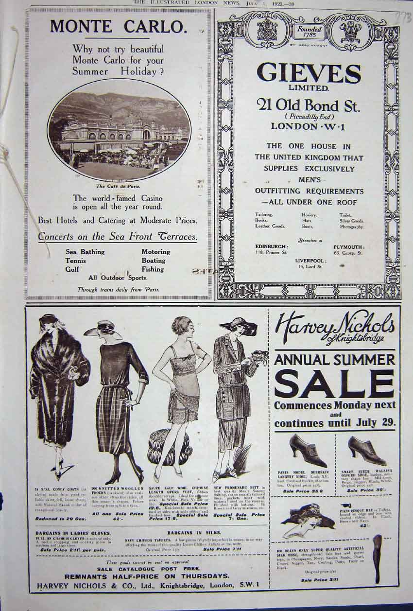 Original Old Vintage Print Monte Carlo Advertisement 1922 Harvey Nichols Gieves