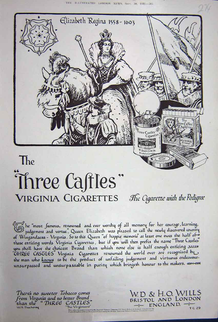 Original Old Vintage Print Advertisement 1922 Three Castles Virginia Cigarettes