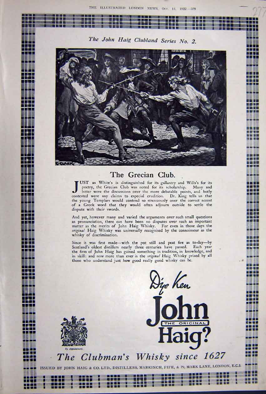 Old Vintage Print Advertisement 1922 John Haig Whisky Distillers London 20th