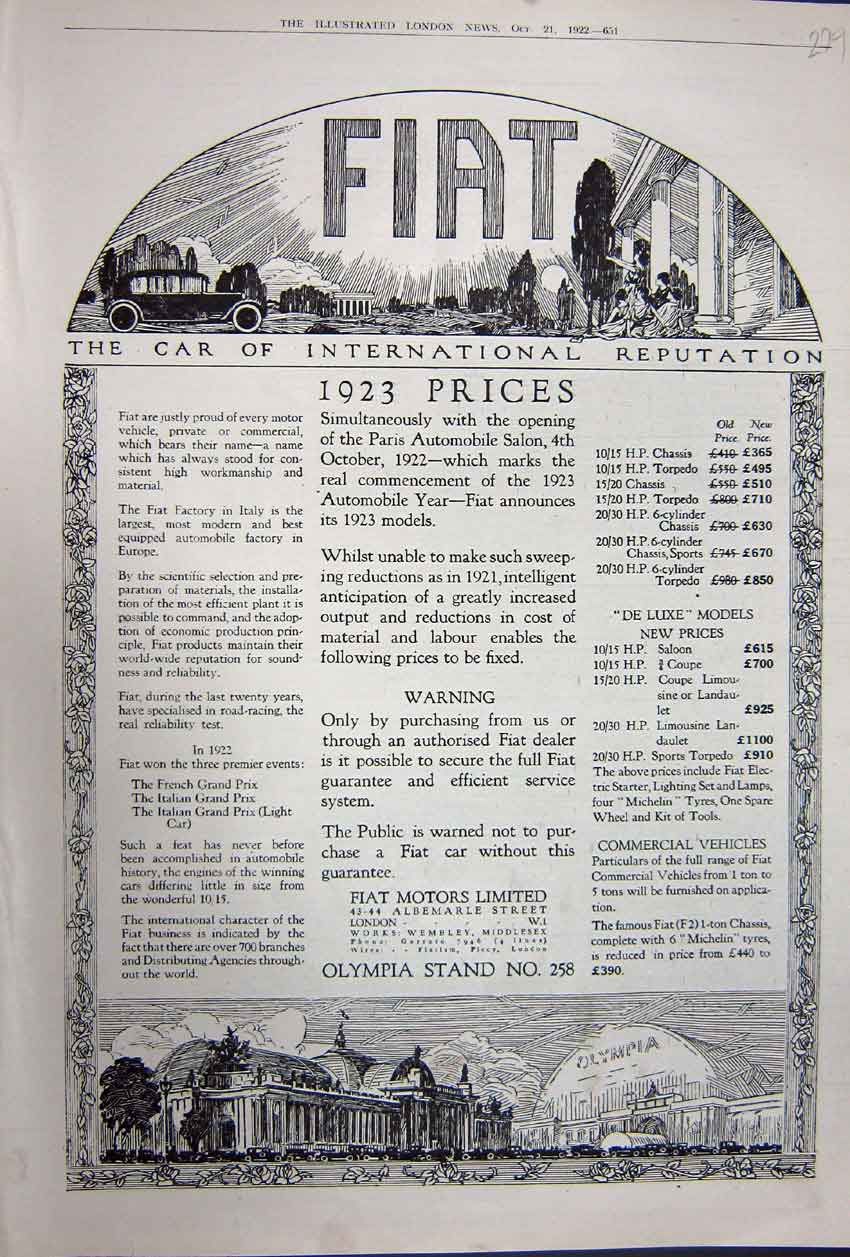 Original Old Vintage Print Advertisement 1922 Fiat Motor Car Albemarle London