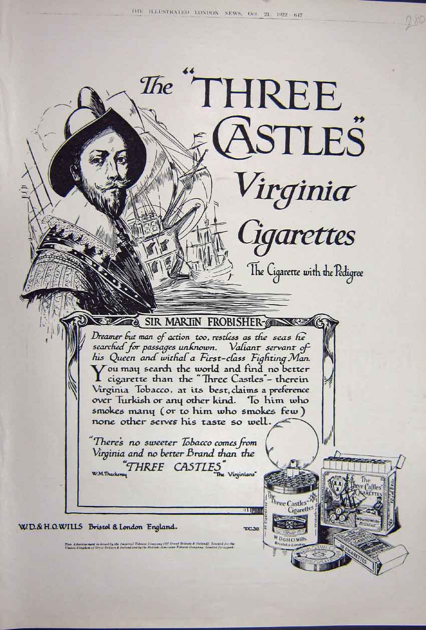 Antique Print Ref.877 Advertisement 1922 Three Castles Virginia Cigarettes