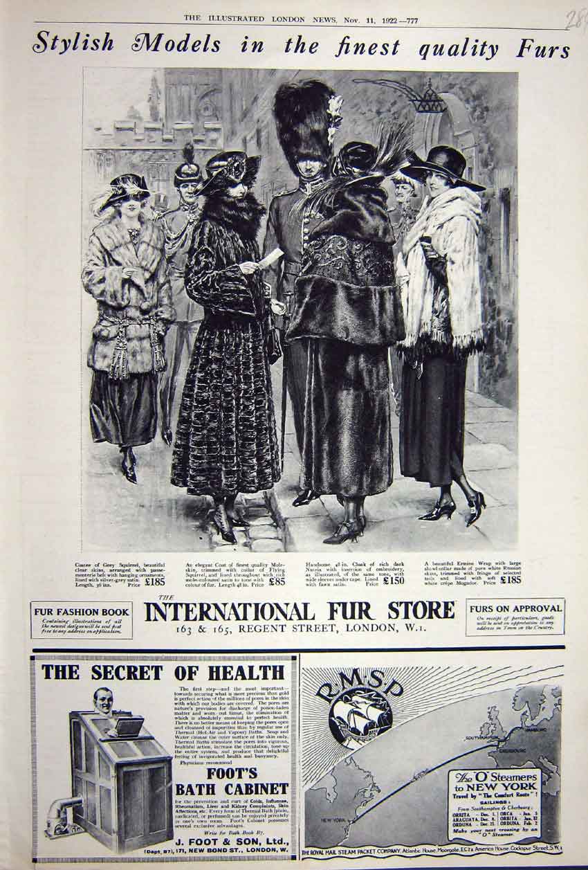 Old Vintage Print Advertisement 1922 Fur Store London Bath Cabinet Ship 20th
