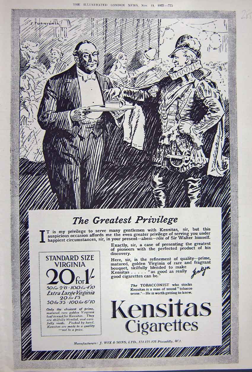 Old Vintage Print Advertisement 1922 Wix Kensitas Cigarettes Piccadilly 20th