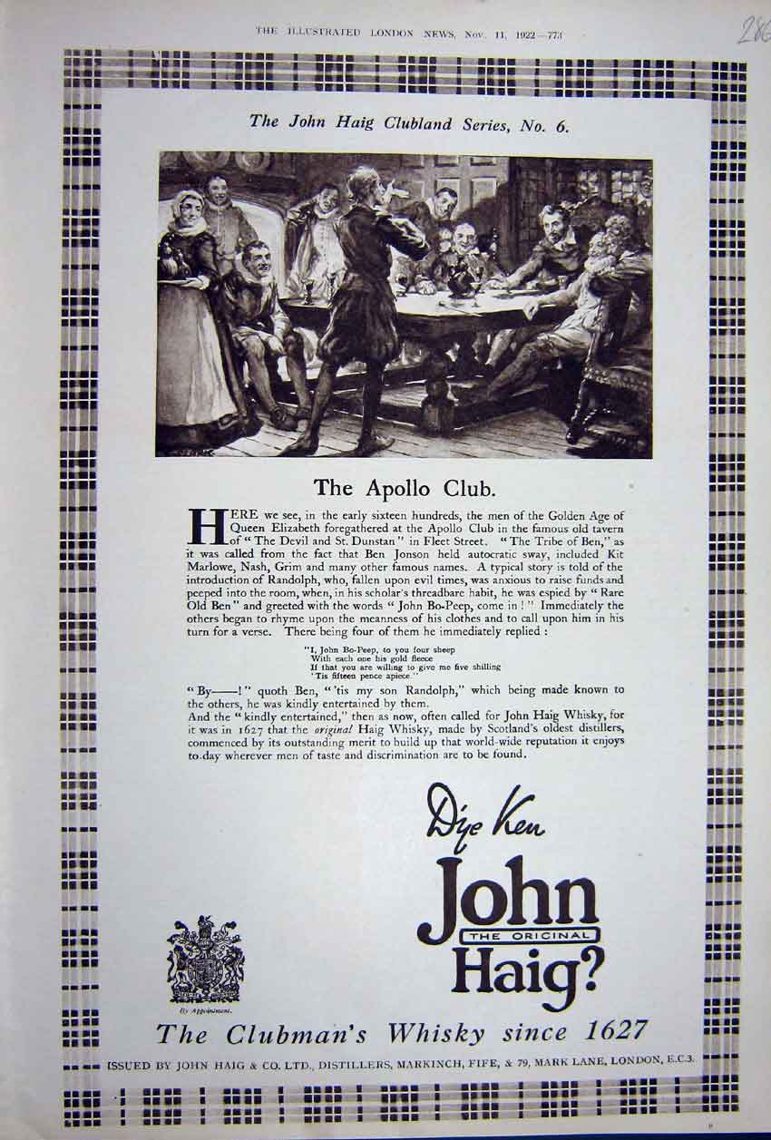 Antique Print Ref.880 Advertisement 1922 John Haig Whisky Distillers London
