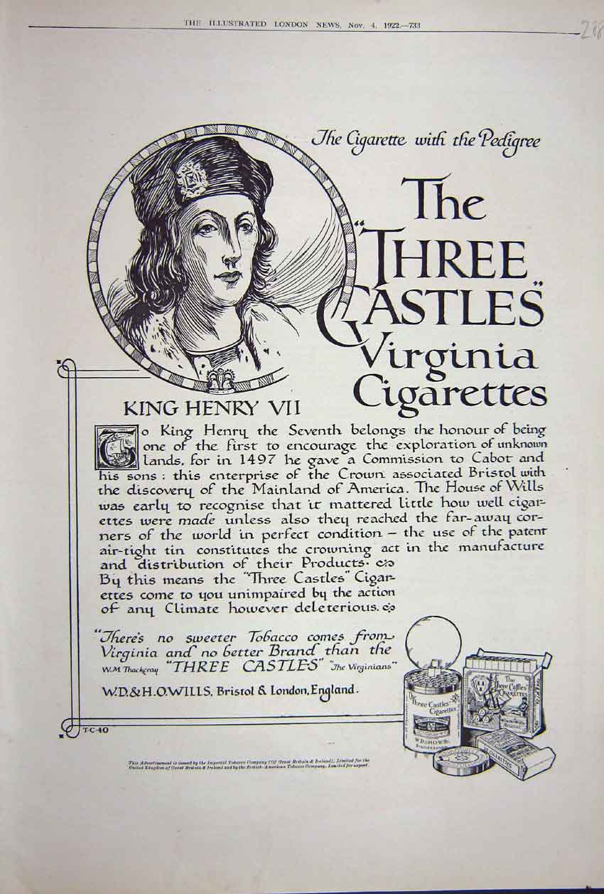 Antique Print Ref.882 Advertisement 1922 Three Castles Virginia Cigarettes