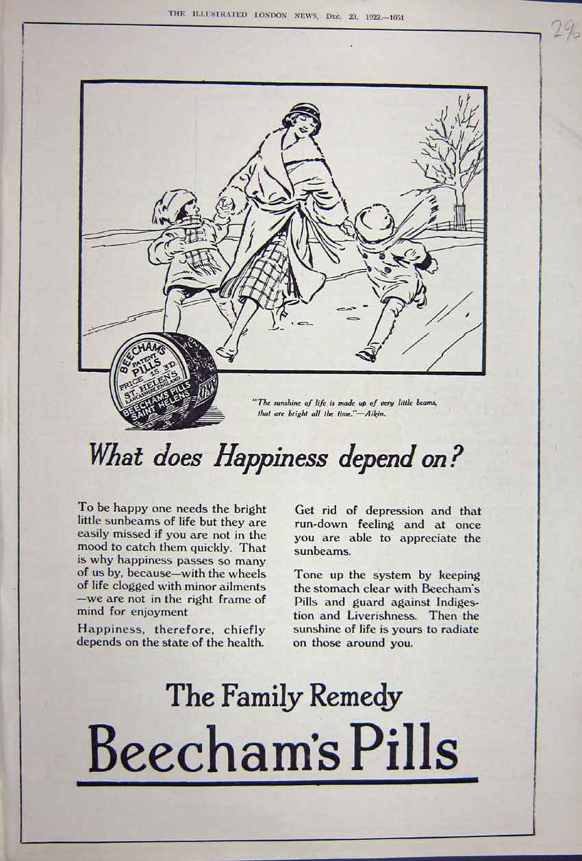 Old Vintage Print Advertisement 1922 Family Remedy Beechams Patent Pills 20th