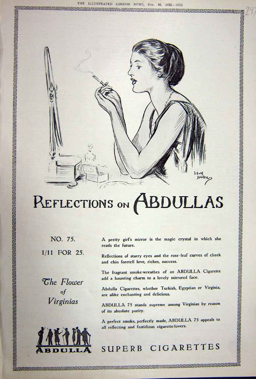 Old Vintage Print Advertisement 1922 Abdullas Superb Cigarettes Virginias 20th