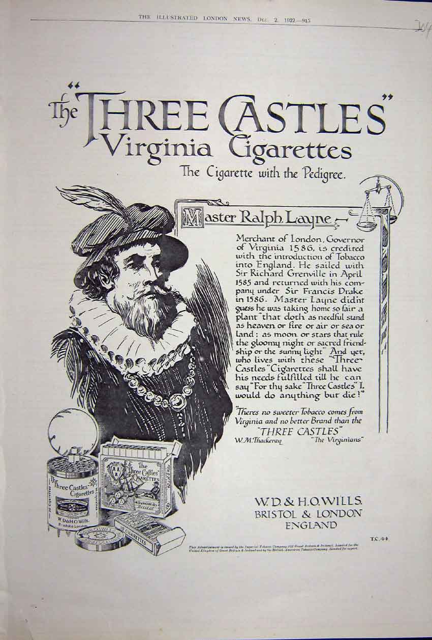 Antique Print Ref.890 Advertisement 1922 Three Castles Virginia Cigarettes