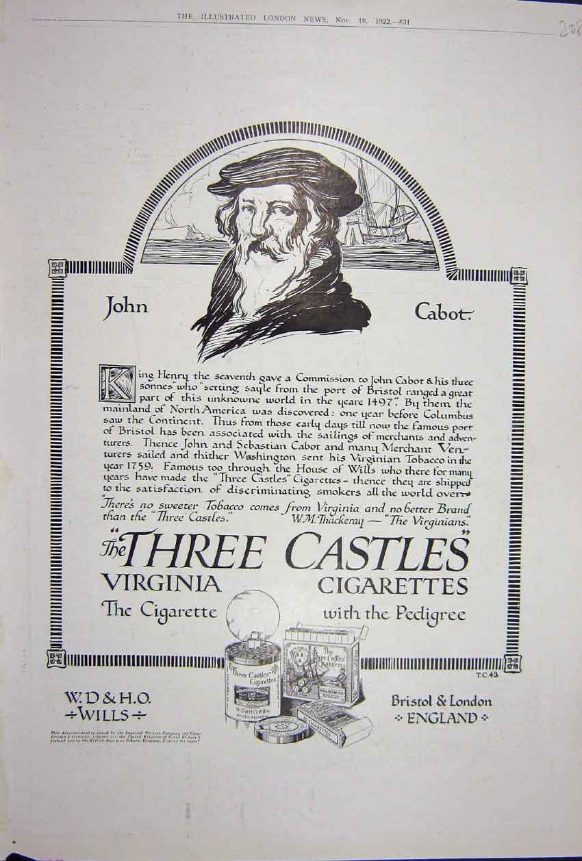 Antique Print Ref.893 Advertisement 1922 Three Castles Virginia Cigarettes