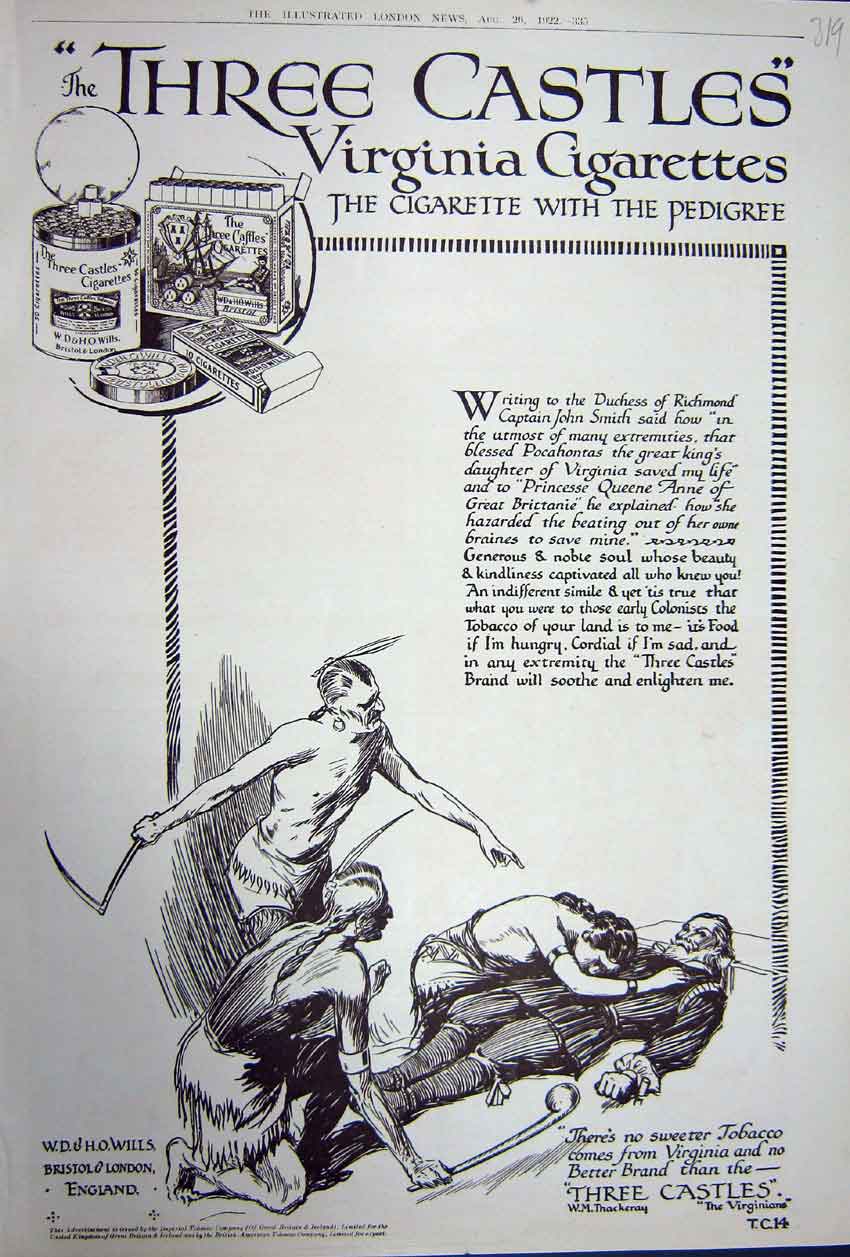 Original Old Vintage Print Advertisement 1922 Three Castle Virginia Cigarettes