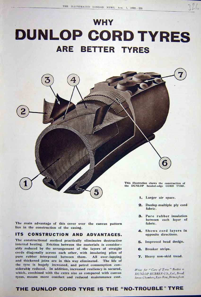 Old Vintage Print Ref.900 Advertisement 1922 Dunlop Motor Car Cord Tyres
