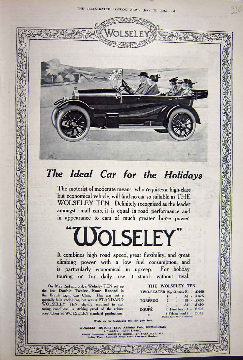 Original Old Vintage Print Advertisement 1922 Wolseley Motor Car Birmingham
