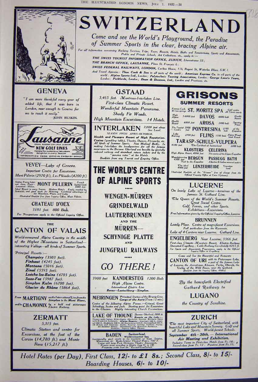Old Vintage Print Advertisement 1922 Holidays Switzerland Zurich Geneva 20th