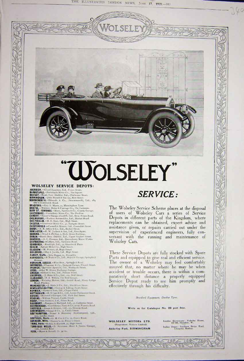 Original Old Vintage Print Advertisement 1922 Wolseley Motor Cars Birmingham