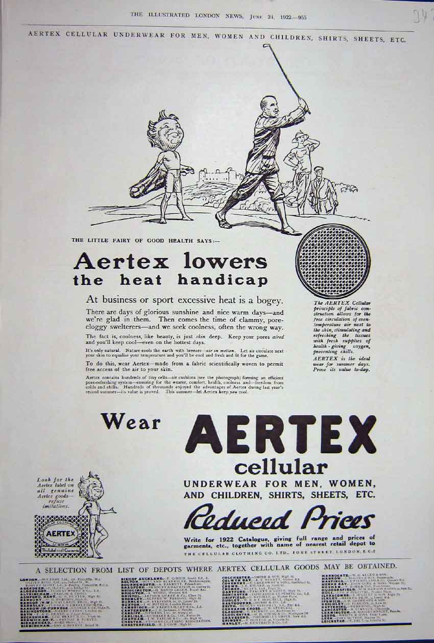 Antique Old Print Ref.904 Advertisement 1922 Aertex Cellular Underwear Sheets