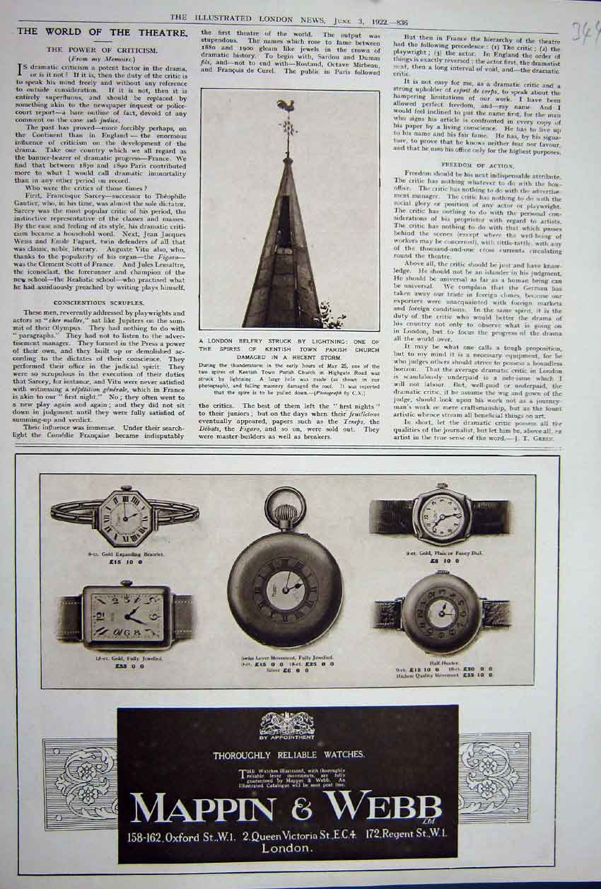 Original Old Vintage Print Advertisement 1922 Mappin Webb Watches London 20th