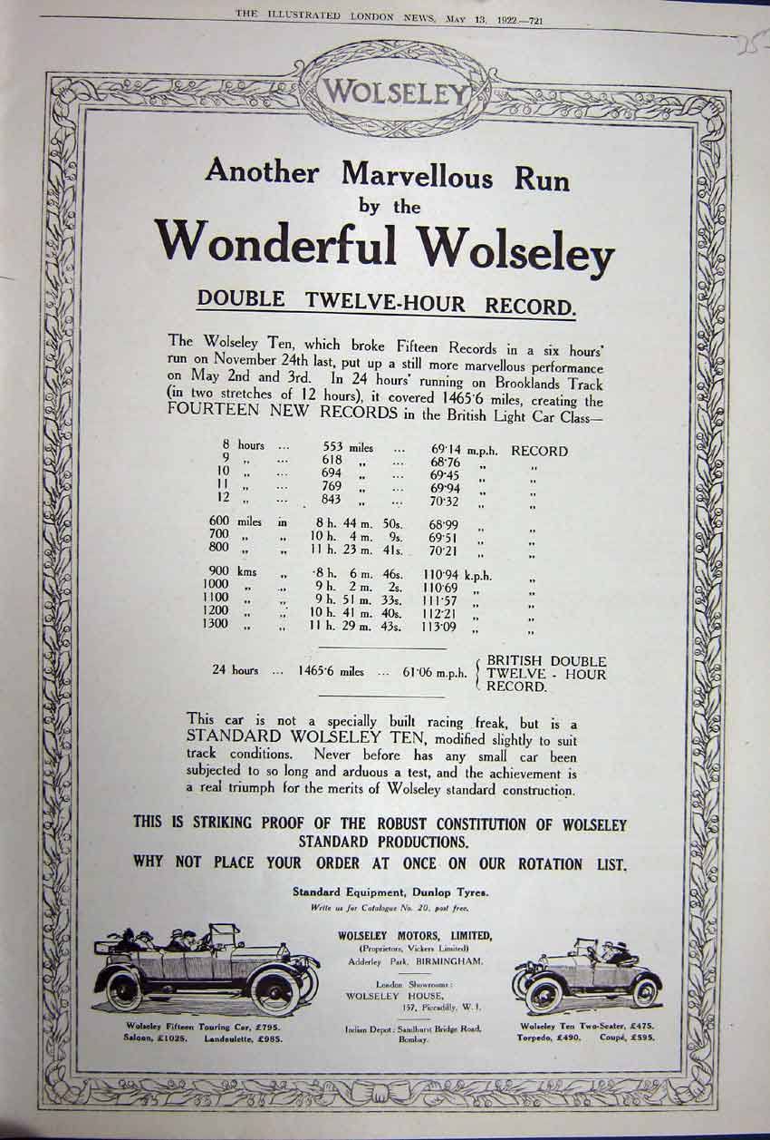 Old Vintage Print Advertisement 1922 Wolseley Motors Limited Birmingham 20th