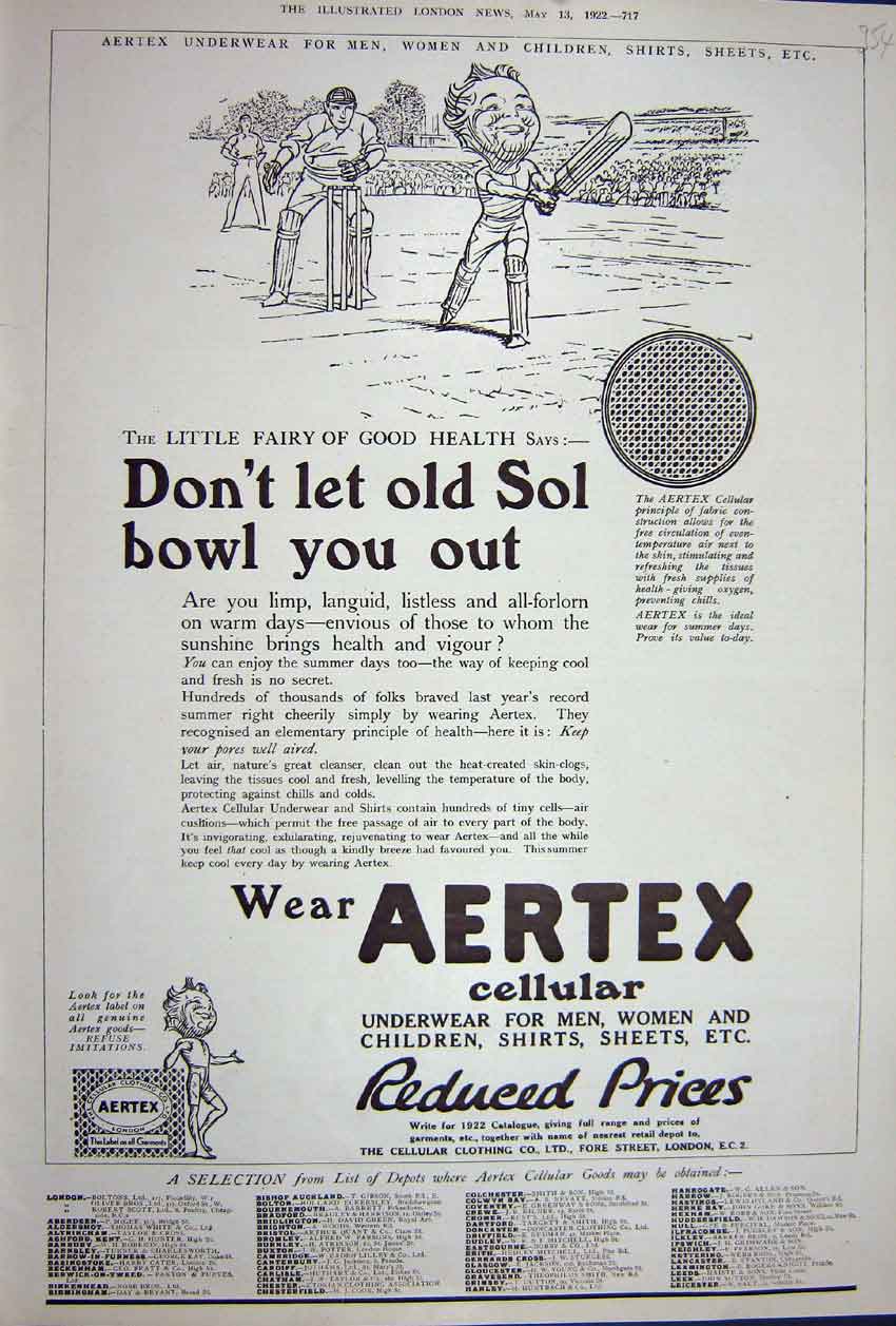 Antique Old Print Ref.907 Advertisement 1922 Aertex Cellular Underwear Sheets