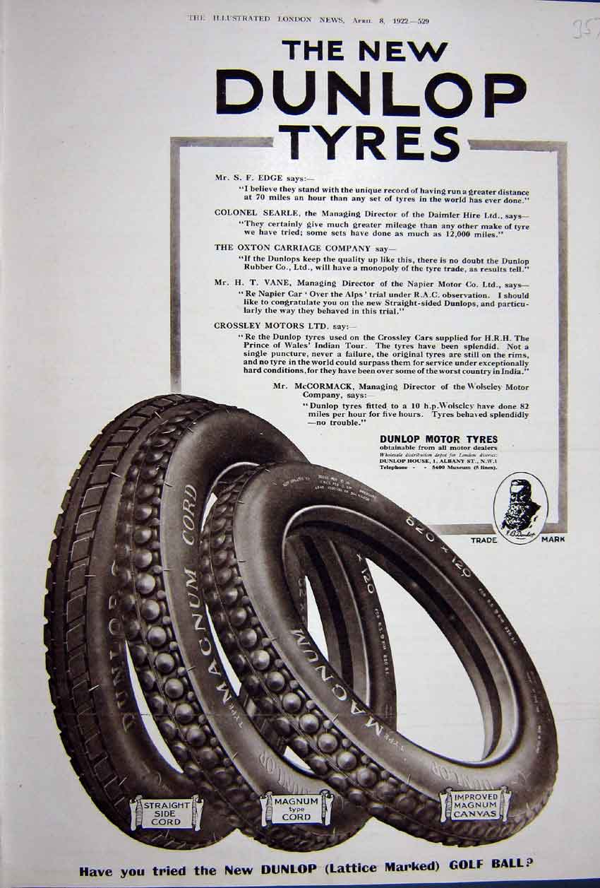 Old Vintage Print Advertisement 1922 Dunlop Motor Car Tyres Cord Canvas 20th
