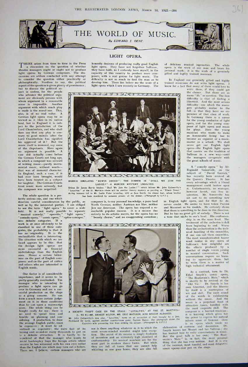 Old Vintage Print Advertisement 1922 Opera Music Edwin Brood St Martin'S 20th