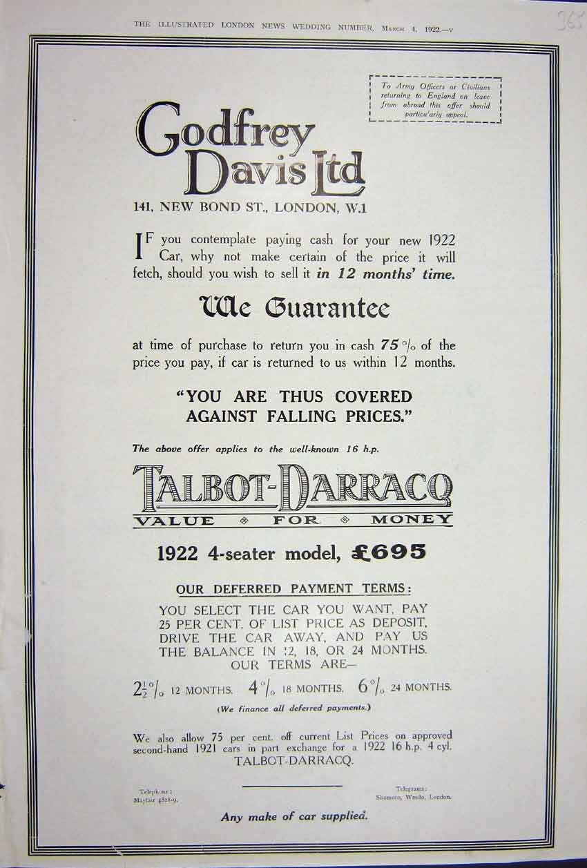 Original Old Vintage Print Advertisement 1922 Godrfey Davis Talbot Darraco Car