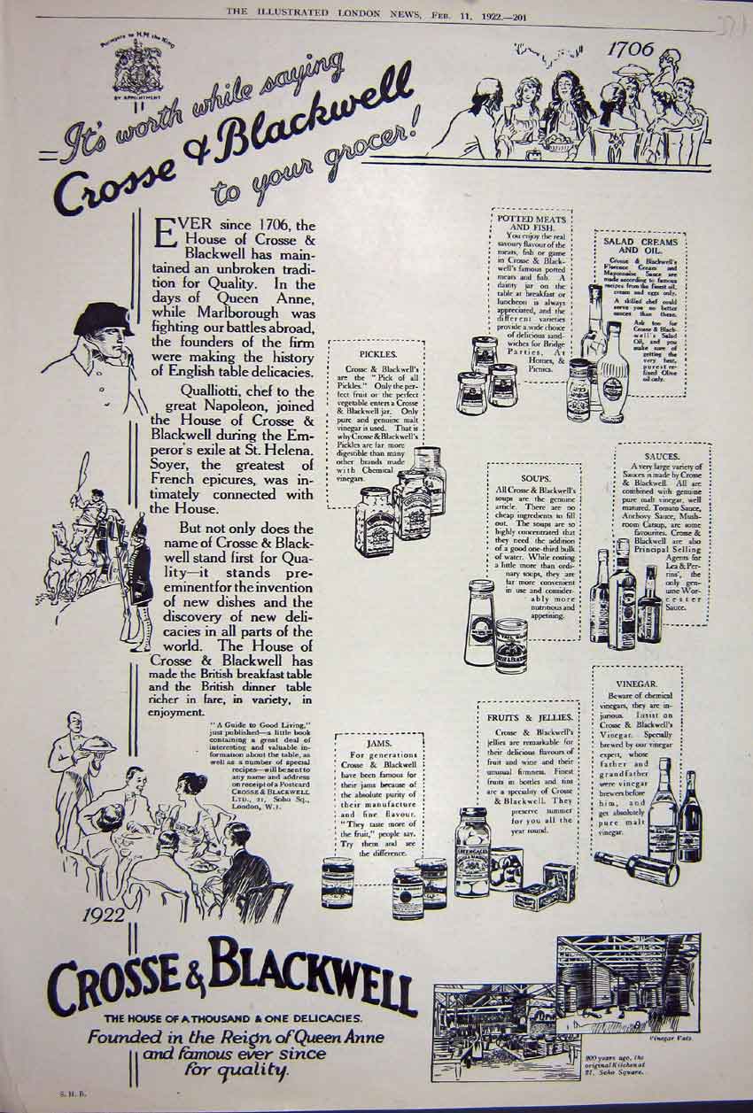 Old Vintage Print Advertisement 1922 Crosse Blackwell Pickles Jams Soups 20th